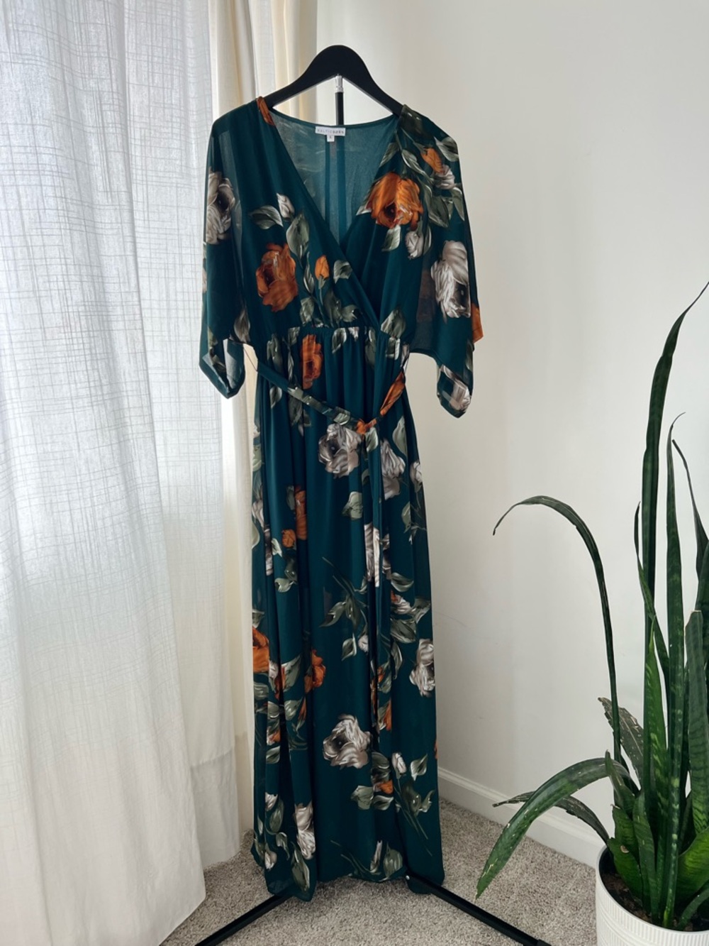 BalticBorn Emerald Green Floral Maxi Dress with Tie Waist - Picture 4 of 6